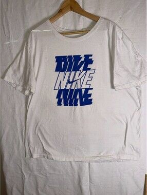 Nike Mens 2XL White T Shirt Graphic Blue Stacked Swoosh Short Sleeve Casual